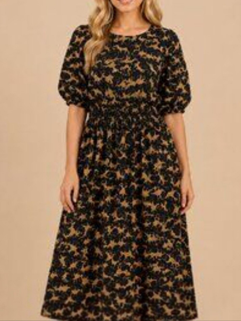 Leota Faye Dress Women's Size 2X NWT Scattered Cheetah Black Smocked Pockets